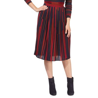 Dark red striped print pleated skirt